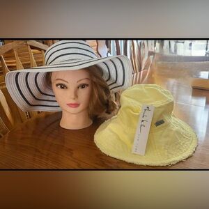 NEW 2 Nicole Miller Summer hats black-white straw hat and yellow canvas bucket